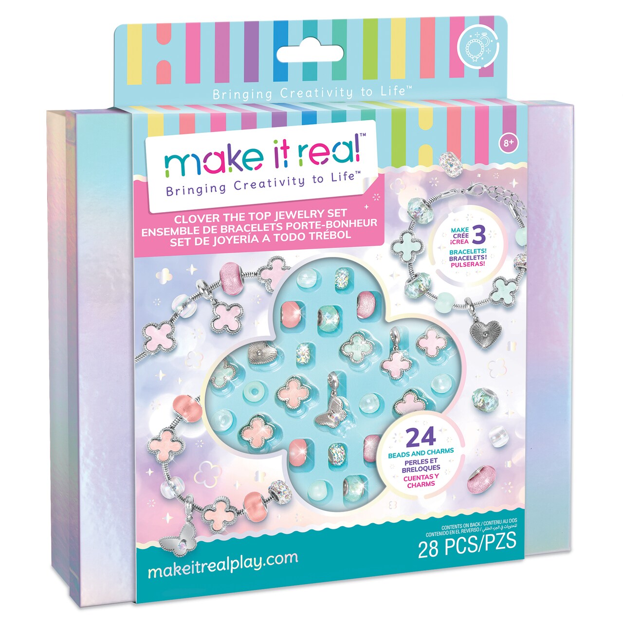Make It Real: Clover The Top - 28 pc DIY Jewelry Set, Design & Create 3 Bracelets, Soft Pastel Beads & Charms, Jewelry Craft Kit, Girls & Kids 8+